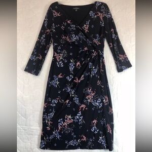 Lauren Ralph Lauren Dress Womens 10 Blue Floral Knee Length Long Sleeved V-Neck